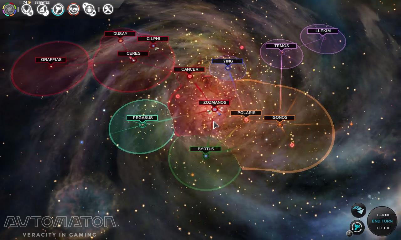 銀河マップ画面。必要な情報を伝えつつ、ゲームのバックグラウンドにそったデザイン性。