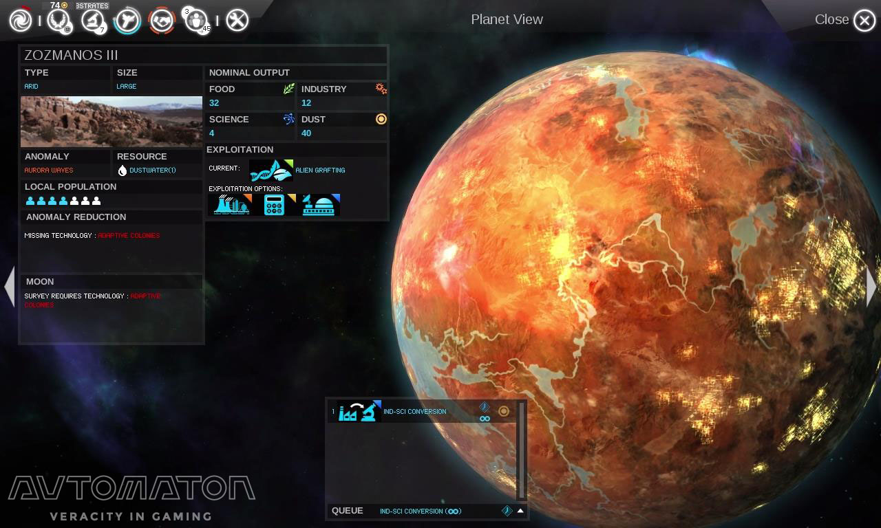 惑星管理画面。左半分の詳細に対し、右半分に情報は何もない。惑星そのものの様子を美麗グラフィックで表示することで宇宙ゲームとしての雰囲気をかもしだしている。