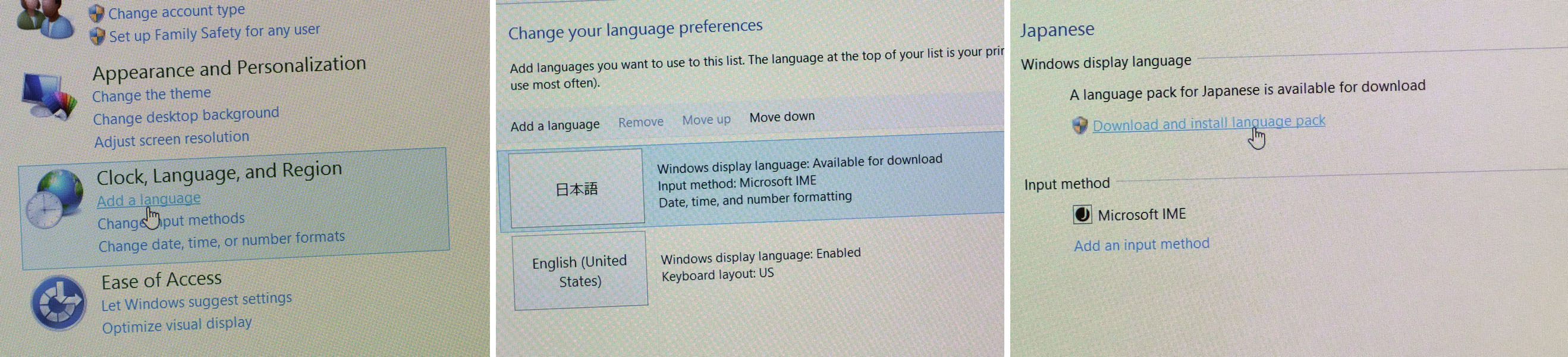 Windows 8英語版の日本語化手順。 コントロールパネルの言語を選び、日本語を選択し、言語パックをダウンロードする。