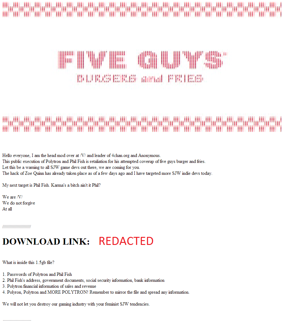 ハッキングした事実を高らかに宣言する4chanのメンバーたち。 なお事件名の元ネタは海外の人気バーガーチェーン「Five Guys Burgers and Fries」。