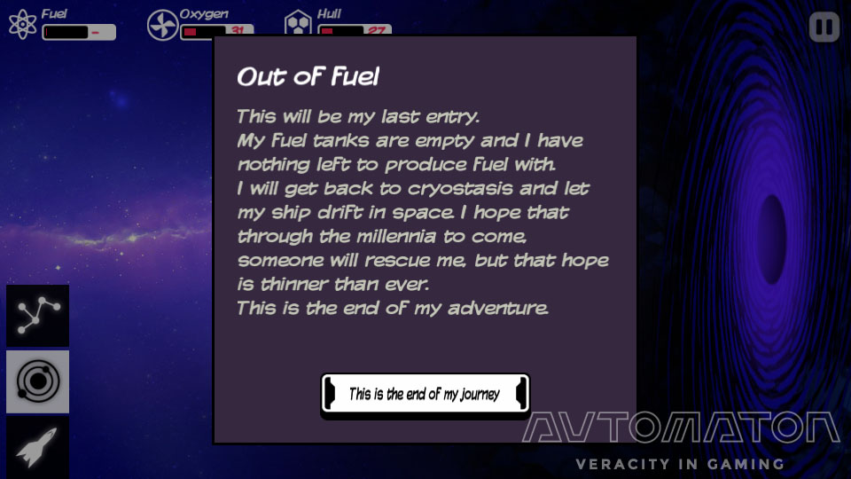 ゲーム中の死因はガス欠、酸欠、船体崩壊、パーツ破損だ。 もしJAXAの予算が必要以上に多いと思われたなら、宇宙にはガソリンスタンドがないことを知っておいていただきたい。