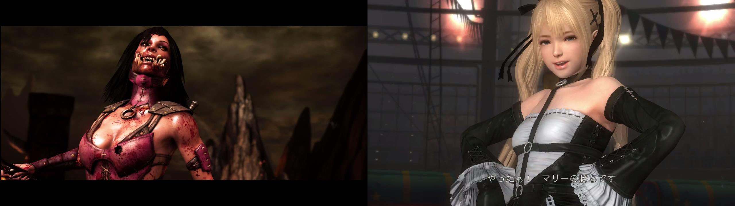 『Mortal Kombat X』PC版（左）と本作PC版（右）の比較。左はカメラ効果やテクスチャ解像度などゲーム技術の進歩がみられる。それをさしおいても、右は一級品の画質だ。