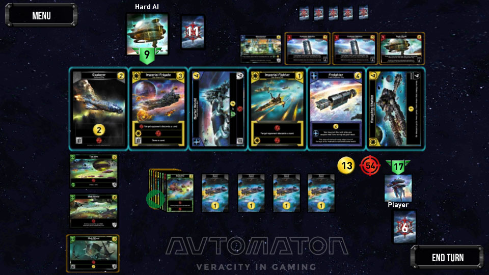 画面中央下部が、このターンで場に出したカードだ。カード効果があわさり10枚以上場に出した。 即死級の戦闘ポイントをビデオゲームとして演出すれば、大艦隊の斉射という見物になったであろう。