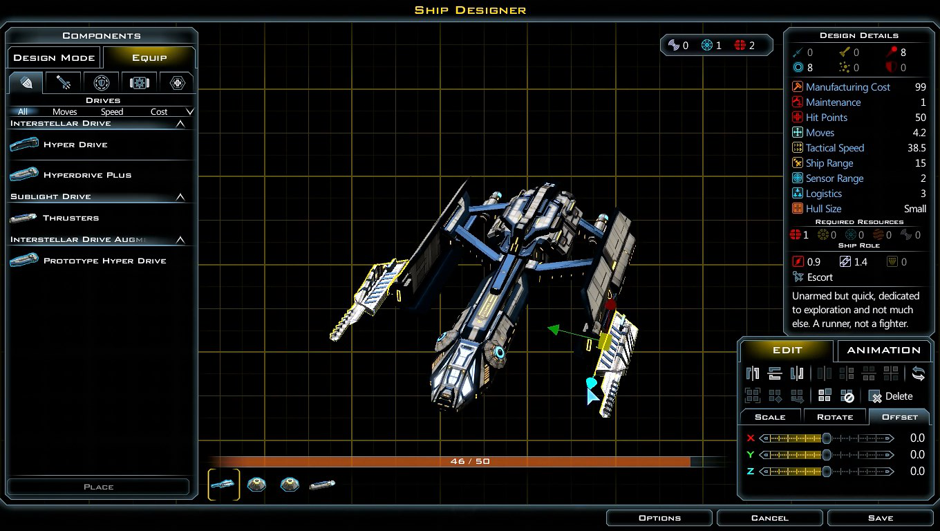 艦船設計画面。先の宇宙基地で得た資源でより強力な武器を搭載し、軍事力で外交を改善しよう。 3Dモデルソフトのように、オブジェクトの拡縮や回転を操作するユーザインタフェースが追加され快適になった。