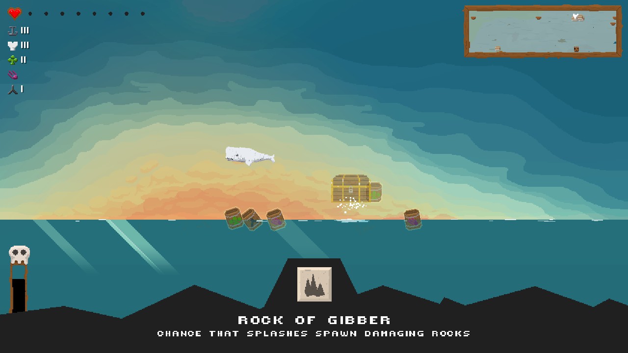 「Rock of Gibber」を入手すると、水面に岩の山が出現して船を攻撃してくれるようになる。ほかにも巨大な回転ノコギリや、とても鯨とは思えない攻撃方法レーザービームもある。