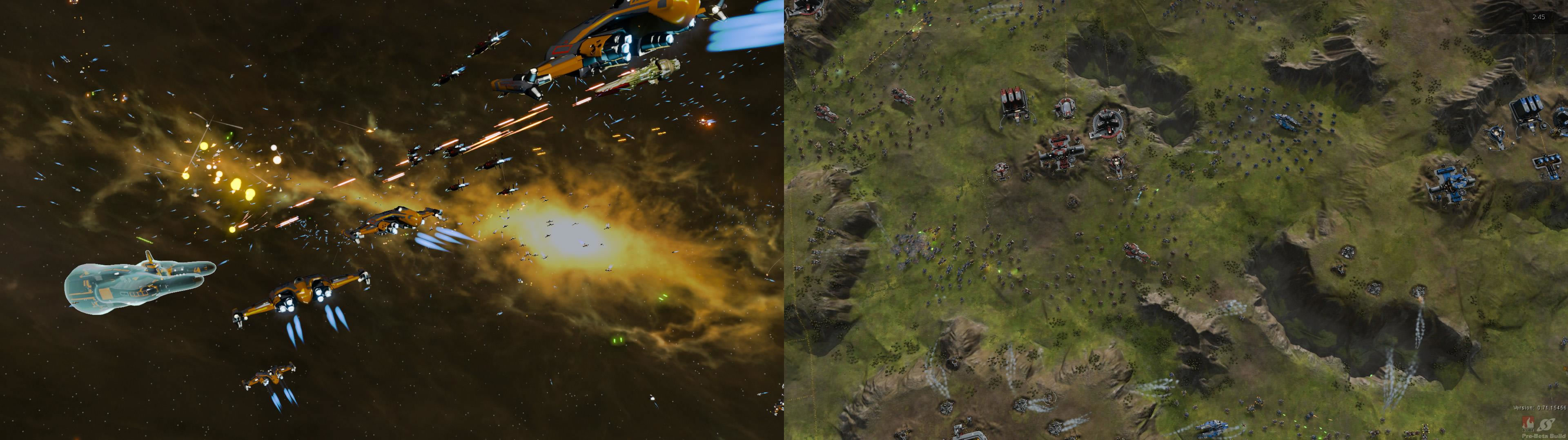 画像左が『Star Swarm』。ユニット数4000以上をうごかし、爆発・ビーム・発射光にいたるまで個別で光源処理する。画像右は本作ベンチマーク。光源処理は先と同様だ。大量ユニットの管理・描画に特化した。