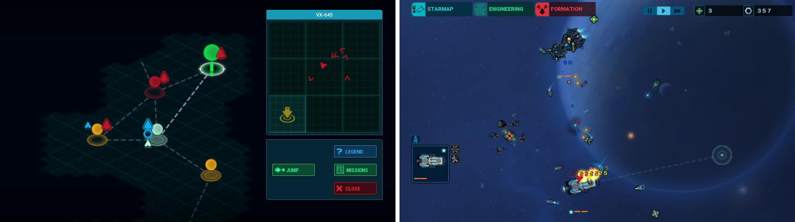 画像左: 移動パート。移動先の星系と、ワープアウトする位置を決めてジャンプする。 画像右: 戦闘パート。リアルタイム制ストラテジー。基本的には移動と戦闘のくりかえし。『FTL』のように移動先での選択式イベントはない。