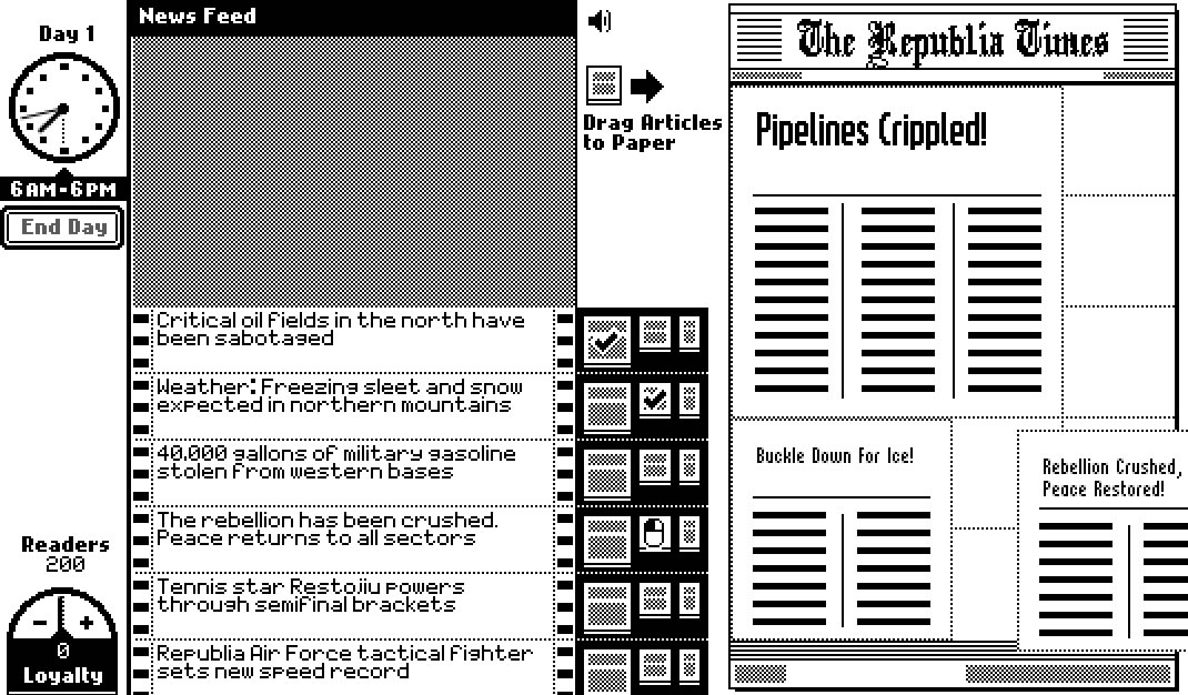 『Republia Times』は、プレイヤーは新聞記者となり、報道のバランスを決めるゲームだ。あまりに反政府的だと家族もろとも殺害されてしまう。こちらは無料公開中。