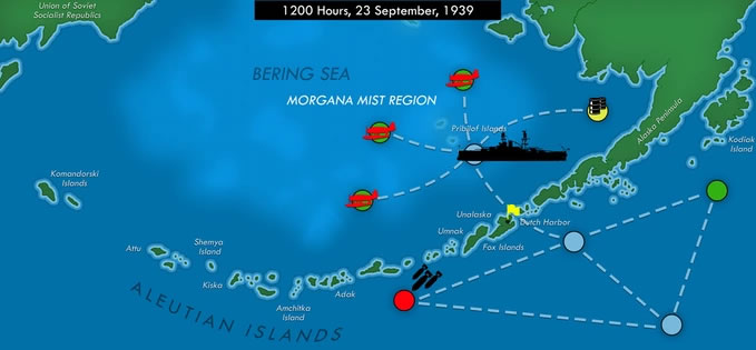 アリューシャン列島のキャンペーンシナリオ画面。Morganaの支配地域に対し、航路・偵察・爆撃等をプレイヤーが指示・決定する。