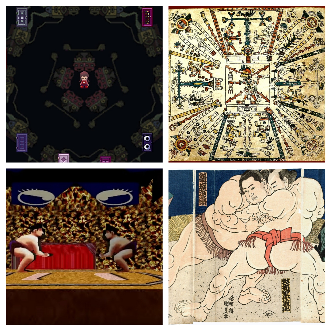左上：『ゆめにっき』、右上：アステカ文明の壁画、左下：『LSD』、右下：歌川国貞による相撲図